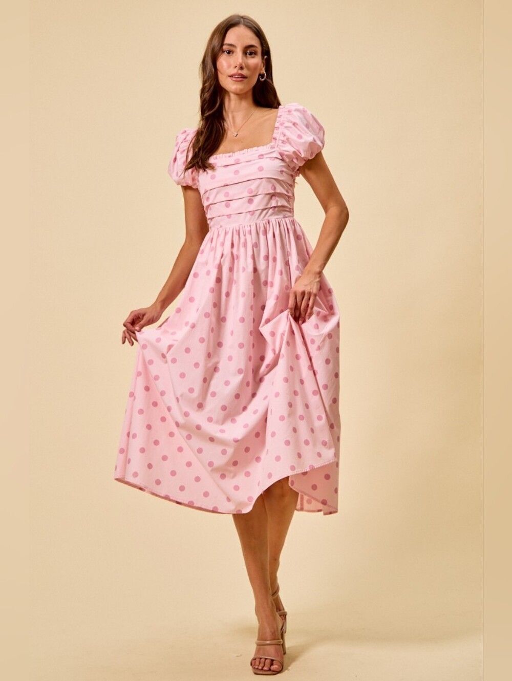 SO ME Cotton Pink Polka Dot Puff-Sleeve Princess Dress sz Large